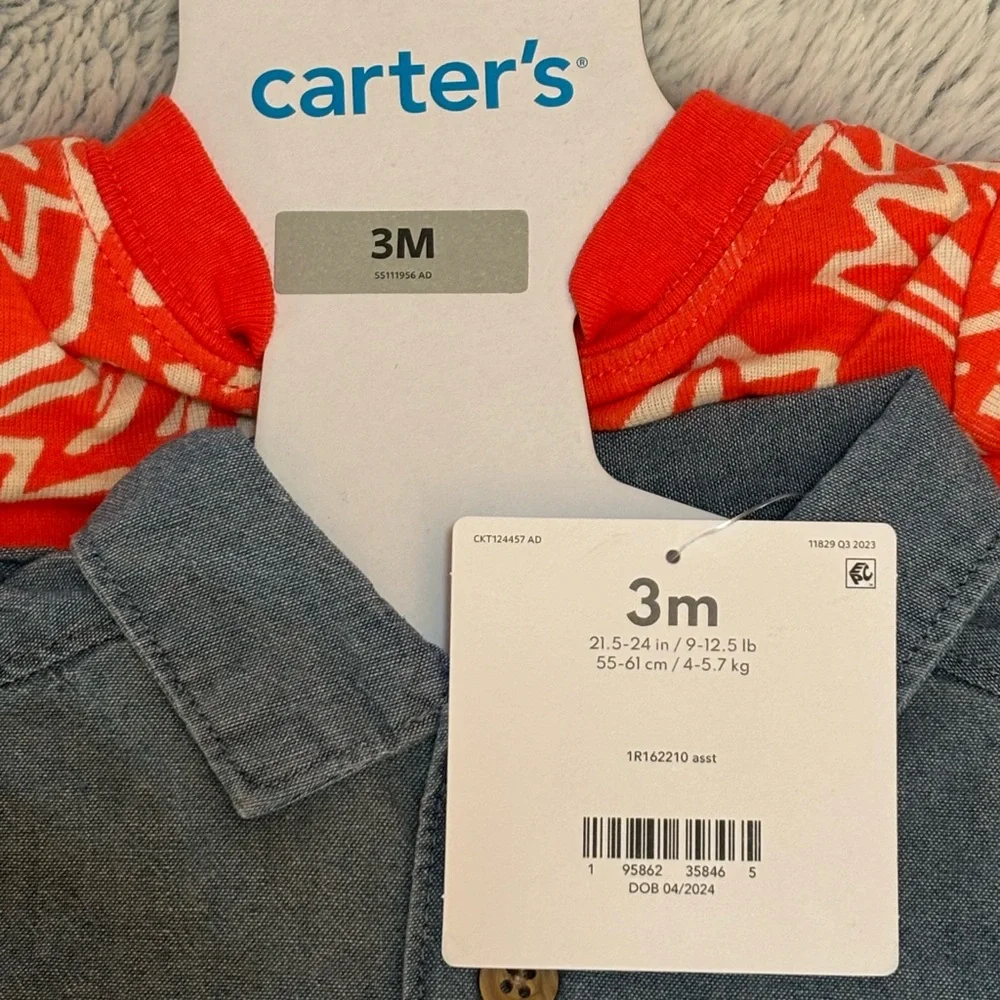 Carter's 3 Pc Set - Blue Shirt, Tan Shorts, and orange print bodysuit, 3 mos